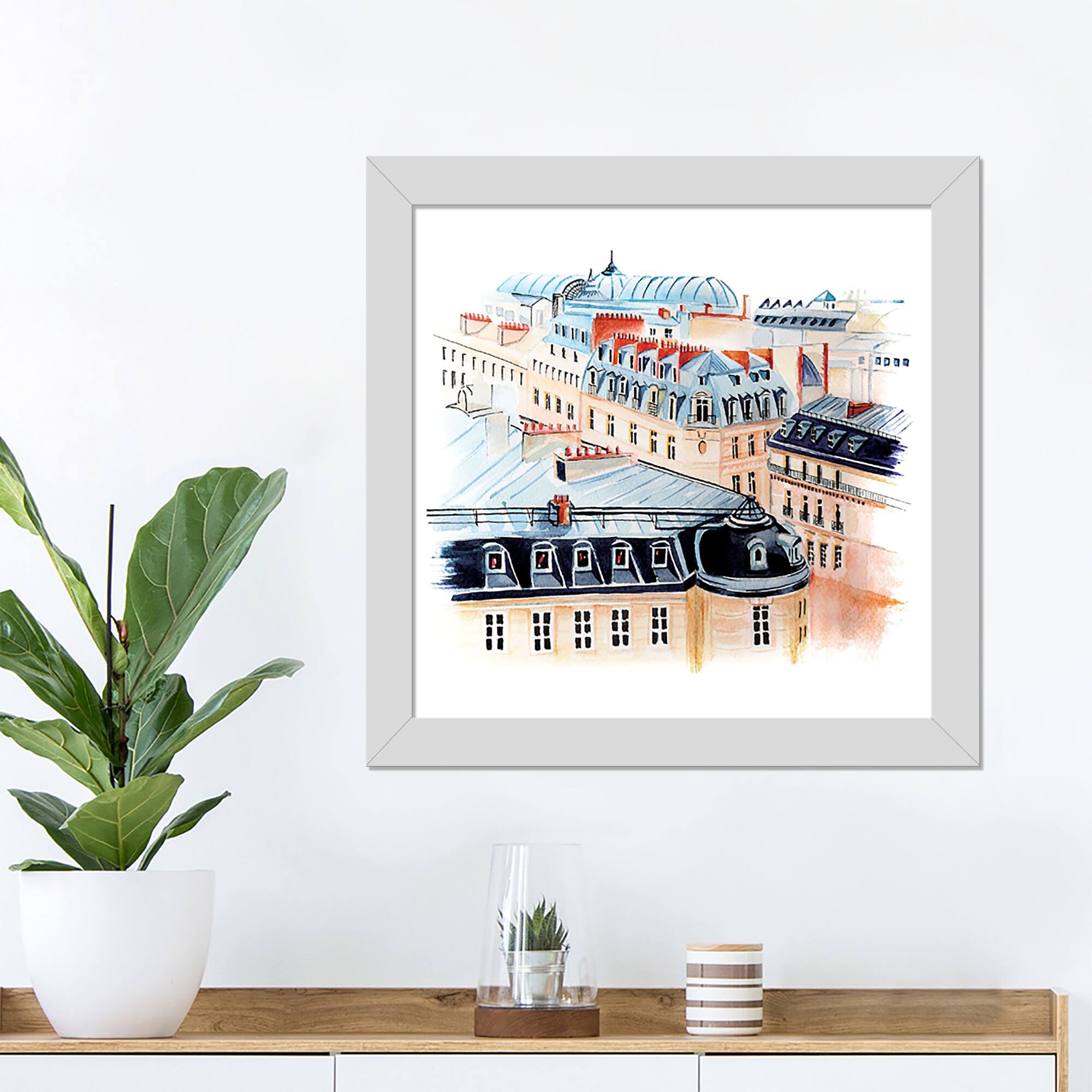 Paris City Rooftops Wall Print in White Frame